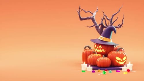 Animated 3D Halloween Scene with Spooky Pumpkins and Witch Hat