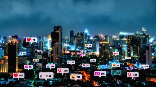 Social Media Icons Fly Over City Downtown Showing People Reciprocity Connection