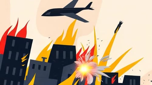 Airstrike Over Burning City Under Attack - Falling Bombs - Warzone Destruction - Chaos - Cartoon