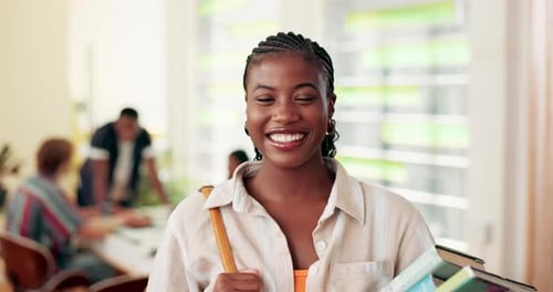 Face, smile and student for education in class with books, learning and confidence of college study