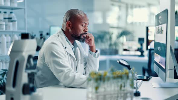 Lab, typing and man with computer, medical research or cure for plant ...