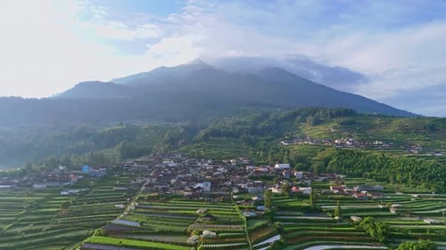 Aerial view of countryside on mountain slope with greenery plantation.