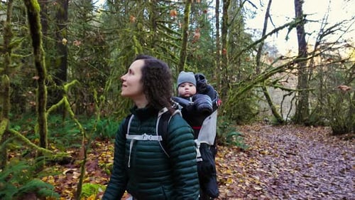 Mother Hiking with Baby in Backpack Carrier Canadian Nature Fall Season Lynn Valley BC Canada