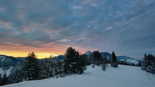 Timelapse Mountain Carpathian Forest Landscape Epic Red Clouds Colored at Sunset