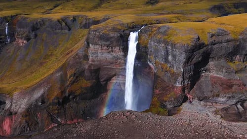 Aerial View of Haifoss Waterfall and Rainbow in Thjorsardalur Iceland