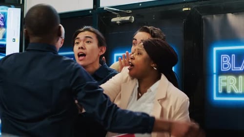 Mad Diverse Shoppers at Store Entrance