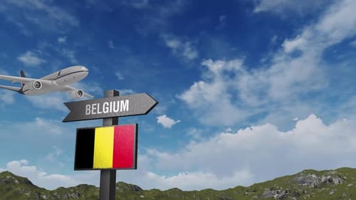 Belgium Flag With Airplane And Arrow Sign