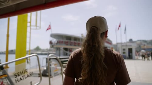 Woman Walks Ferry Seaport Tourist Arrives Coastal Harbor Explores New City Female Traveler Enjoys