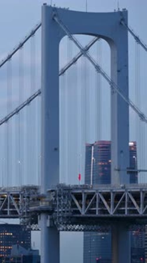 View of the Rainbow Bridge and the skyline of the Tokyo, Japan in the evening. Vertical