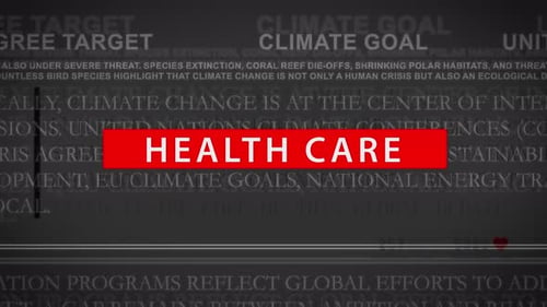 Horizontale Animation in Endlosschleife mit der Aufschrift „Health Care“ auf einem fetten roten Banner, auf dem die globale Gesundheit abgebildet ist