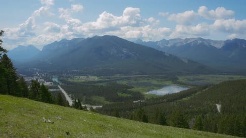 Banff town and Vermillion Lakes, view from above. Canadian Rockies.