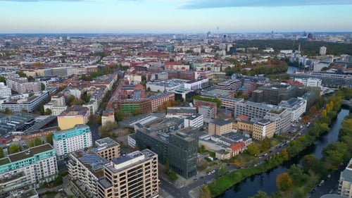 Berlin cityscape with Spree river, Tv Tower. Gorgeous aerial view flight drone
