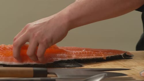 Preparing Salmon, Chef Cutting Fresh Raw Fillet