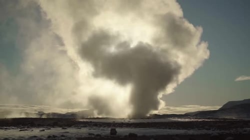 rising steam covering sun from a fumarole in Hverir geothermal area in iceland