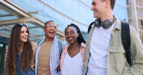 College group, hug and people walking, laugh and journey for education, university learning