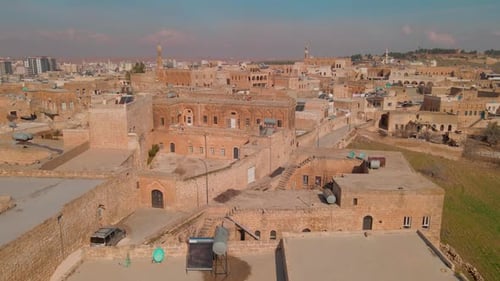 Aerial drone view of the historical texture of the city of Midyat, Mardin Turkey
