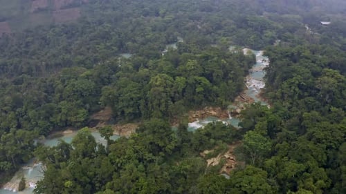 Aerial drone shot of the Agua Azul waterfalls in Chiapas, Mexico