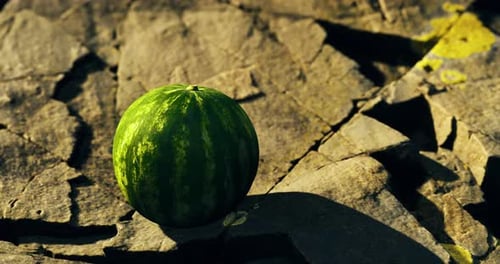 Bright Green Watermelon Resting on Textured Rocky Surface Under Sunlight