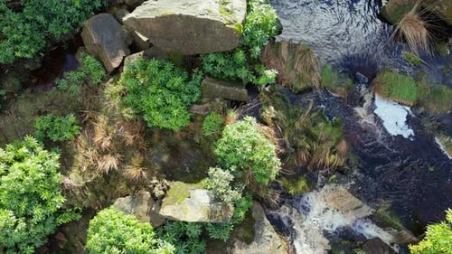 Aerial drone footage of a tall rocky waterfall in the Yorkshire Dales, Pennies. Moorland scene of a