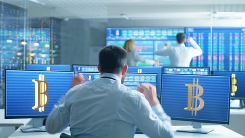 Back View of the Stock Trader Raising His Arms in Big Victory, He's Working for the Cryptocurrency