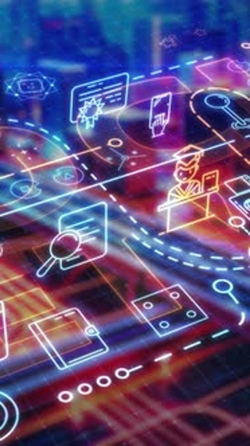 Digital Network with Glowing Neon Education and Business Icons