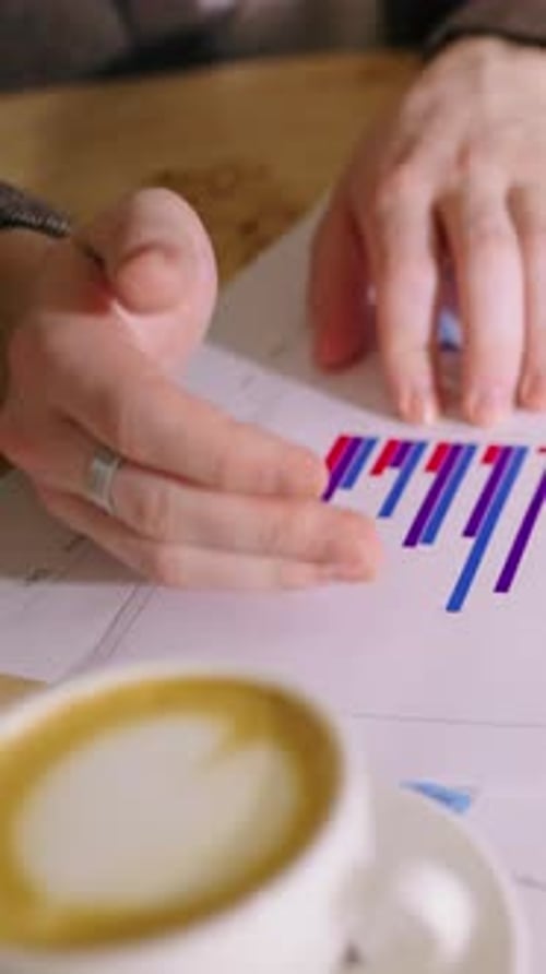 Closeup Hands Reviewing Colorful Bar Chart Analytics on Printed Financial Report During