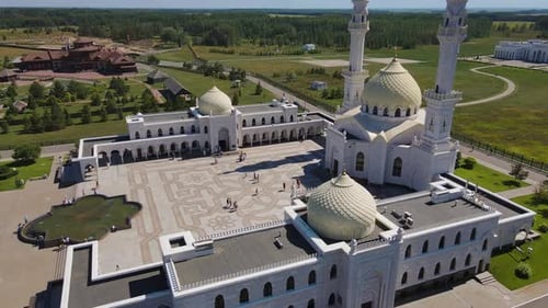 Aerial View of White Mosque Architecture and Courtyard in Tatarstan