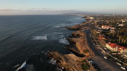 San Diego, Sunset Cliffs Neighborhood. Aerial View of Coast, Boulevard Traffic, Villas and Houses on