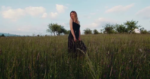 Romantic woman blonde model in black dress stands on a meadow in the rays sun