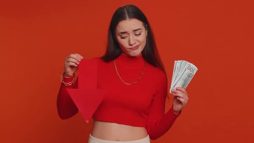 Upset Woman Showing Red Arrow Pointing Down Concept of Downgrade Bankruptcy Money Dollar Fail Fall