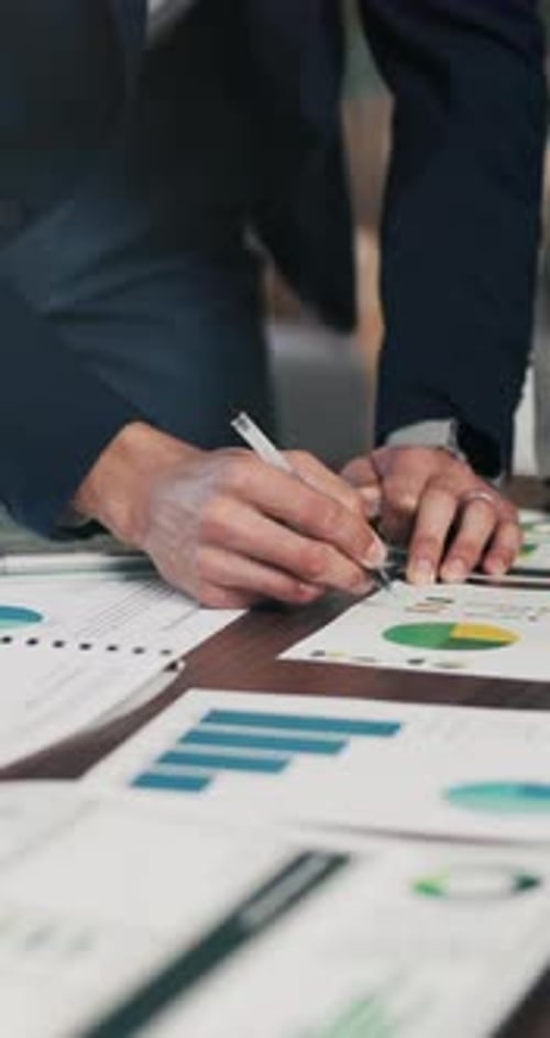 Data analysis, meeting or hands in firm with paper, discussion or budget strategy for revenue