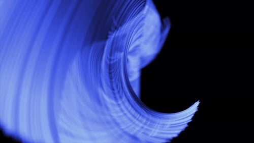 Abstraktes Konzept Viele blaue, dünne Neonlinien zeichnen wirbelnde Muster vor einem dunklen Hintergrund, Frost 3D