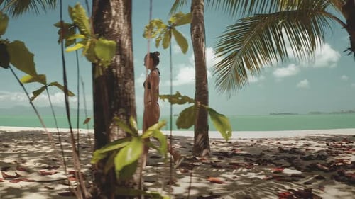 Woman in Bikini Walking Sand Tropical Beach