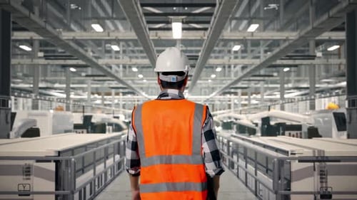 Back of Asian Male Engineer Holding Tablet While Walking at Solar Panel Factory