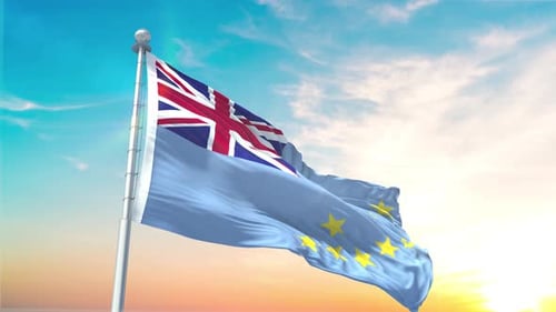 Tuvalu National Flag Waving Against Sunset Sky