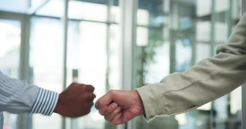 Business, team or hands in office with fist bump, collaboration or motivation for partnership