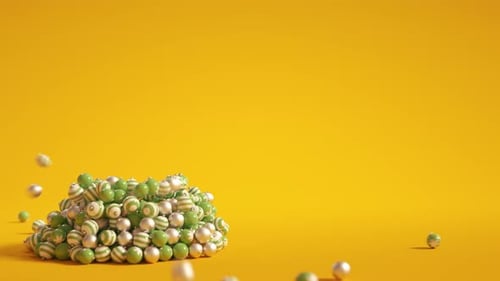 3D Christmas Tree Animation 4K with copy space on yellow. Xmas tree baubles animate to form Christma