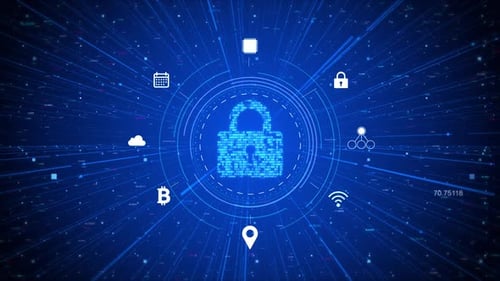 Futuristic Digital Security Padlock and Network Icons Animation