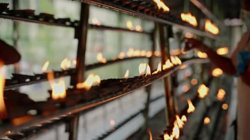 Devotees Oil Lamps in Buddhist Temple for Spiritual Rituals Flames Flicker on Metal Stands Hope