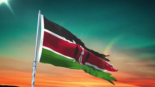 Realistic Waving Kenyan Flag Animation against Sunset Sky