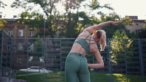 Fitness Runner Woman Sport Workout Girl Stretching Running on Sports Field