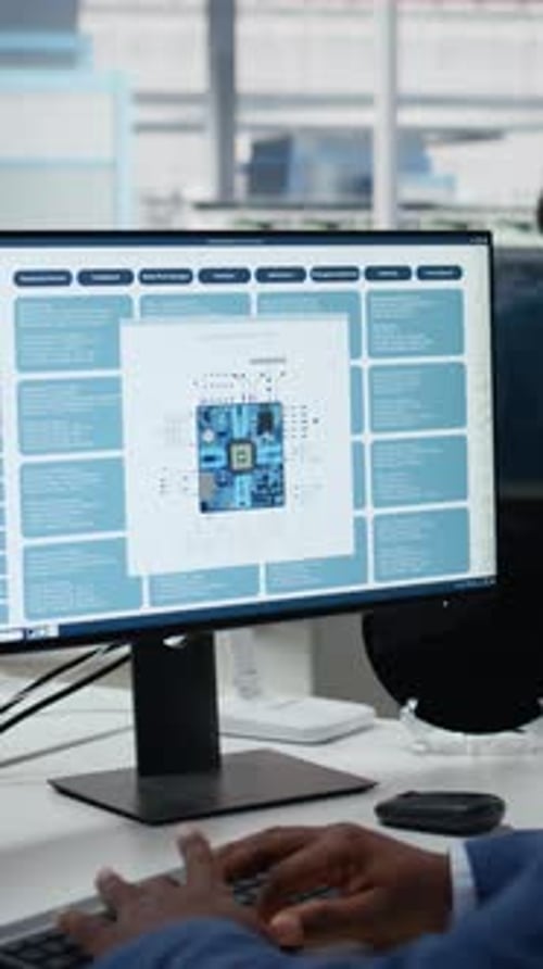Vertical Video Optimizing Microchip Production PC Software and Technician in Factory