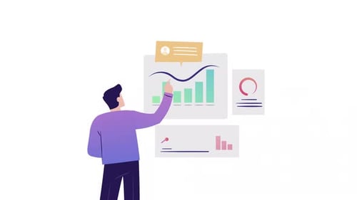 Flat Design Animated Character Interacting with Data Charts