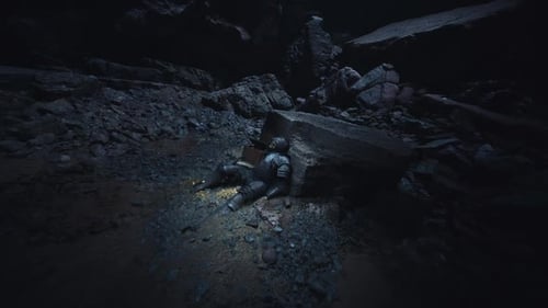 Decayed Knight Rests in Shadowy Cave Surrounded By Ancient Stone