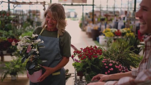 Knowledgeable female horticulturist at a nursery assisting a young couple in selecting a fragrant ja