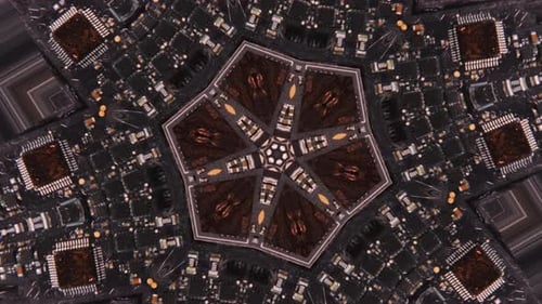 Microcircuits kaleidoscope effect, microchip, abstract geometric texture digital dark background.