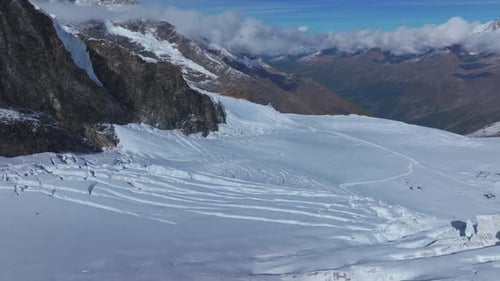 Saastal Saas Fee Ski Resort aerial drone Switzerland morning afternoon ice glacier autumn snow