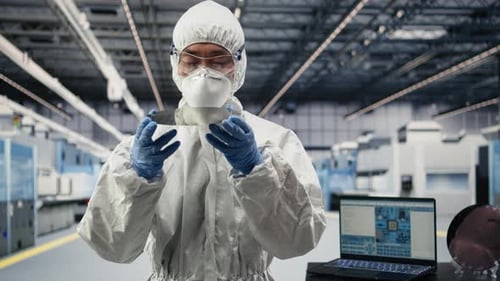 Analyzing Silicon Wafer Advanced Materials Trial and Close Up of Technician