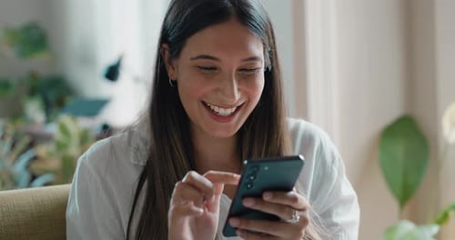 Phone, woman and communication in lounge of home for social media, scroll on app or email