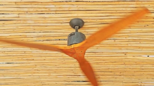 Rotating Fan Screws Under the Thatched Roof of the Beach Club